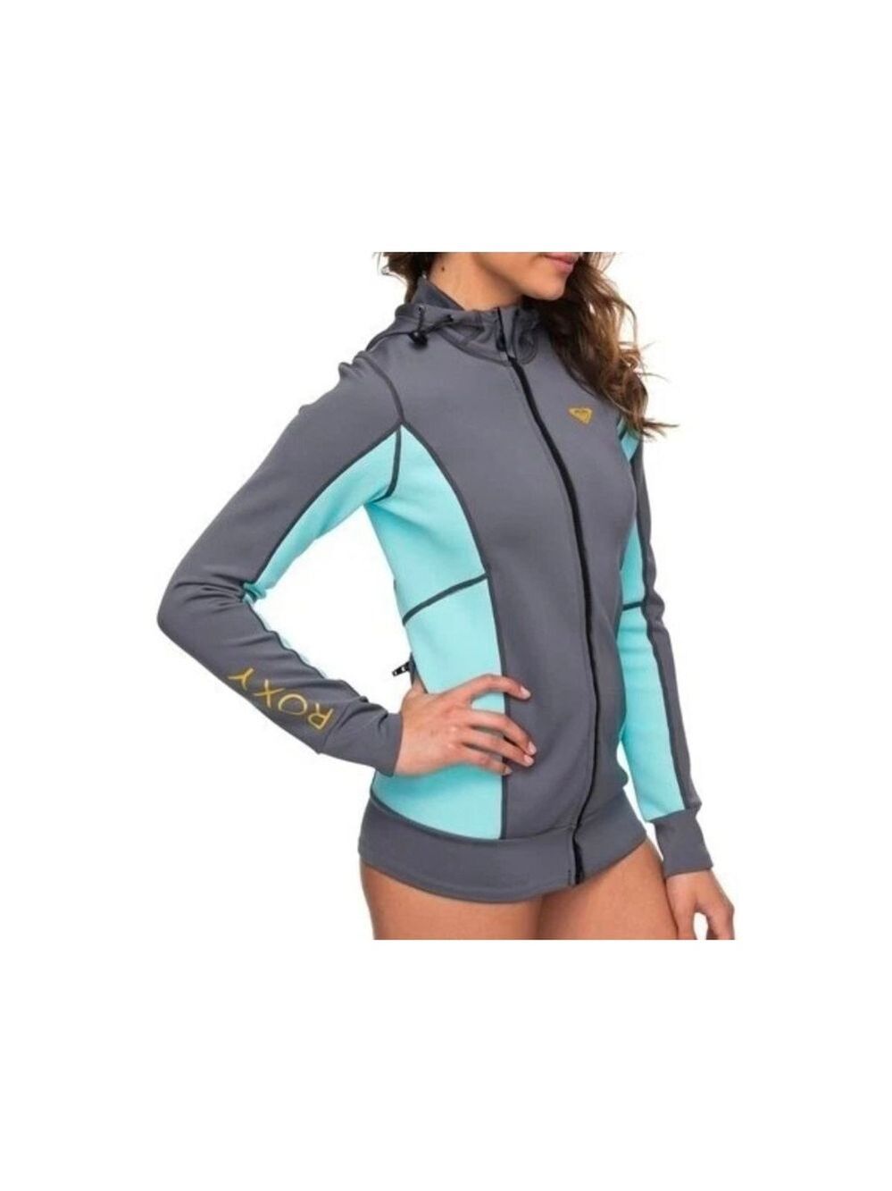 Roxy Syncro Neoprene Jacket Wetsuit Top Womens 6 Gray Teal Hooded Zip - Picture 3 of 14